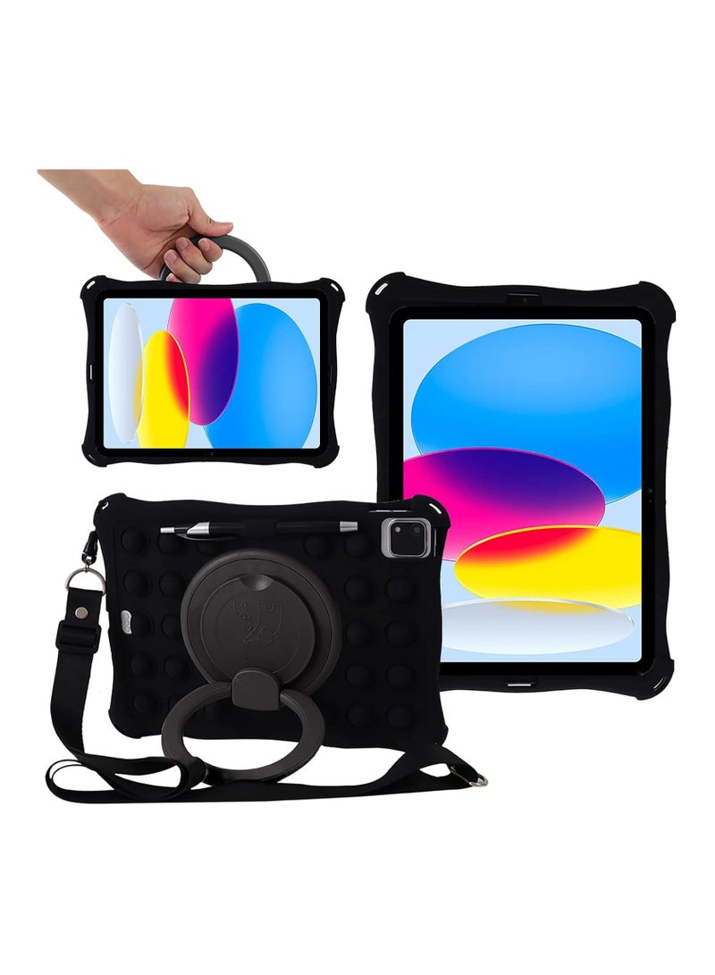 Case for iPad 10th Generation Case 10.9 Inch 2022 Rotating Handle Kickstand Silicone Shockproof Cover with Shoulder Strap  Pencil Holder  Stylus, Black